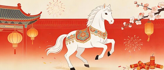 2026 Year of the Horse: White Horse in Traditional Chinese New Year Scene