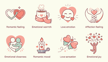 Charming heart icons show love emotions and relationships
