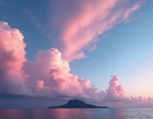 Pink clouds drift across serene blue sky over calm ocean and distant island silhouette. Gentle pastel colors create peaceful, dreamy atmosphere at sunrise or sunset. Idyllic nature scene.