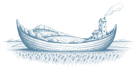 Traditional wooden boat with a small house on its deck floating on calm waters vector illustration