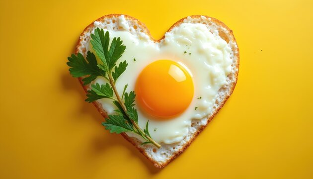 Fried egg shaped like heart on toast with parsley garnish. Simple breakfast food served on bright yellow background. Ideal for Valentines Day or healthy eating concepts.