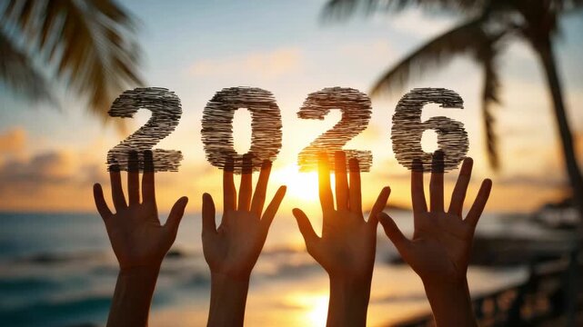 The number 2026 in human hands against the backdrop of a bright, warm sunset on a sandy beach with palm trees. The concept is a good start to the year, with the ocean as a symbol of newness and depth