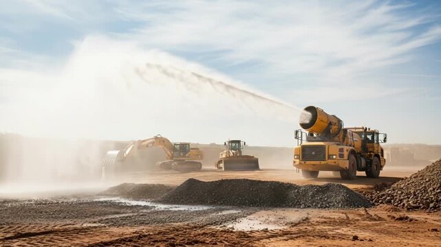Medium shot showing machinery spraying fine mist over exposed earth effectively suppressing dust emissions and maintaining cleaner air in active work zones.