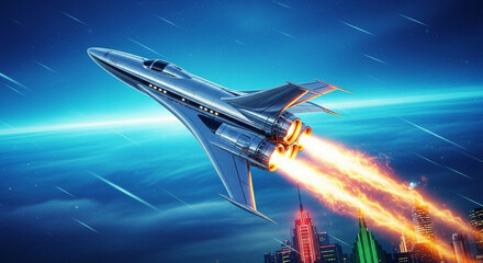 Futuristic Spaceship Soars Over Neon Cityscape