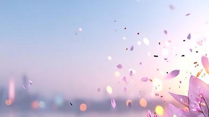 Pink Flower Confetti Falling Against Soft Blue Sky During Sunset
