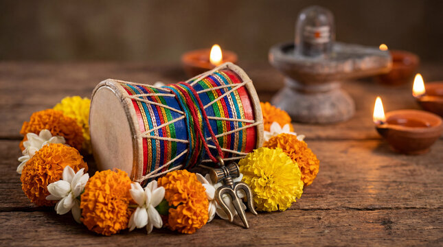 Still life with a colorful damaru drum, .shivas trident, a flower garland, and a small Shiva Lingam with oil lamps on a wooden table. Sacred objects for Hindu rituals and Maha Shivaratri celebration