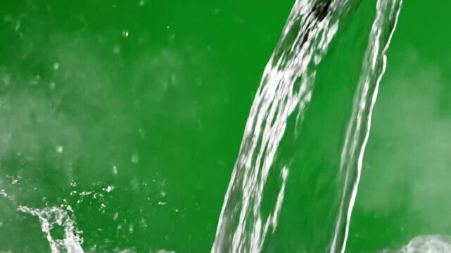 Splashing Water Stream With Flying Droplets On Green Screen Background For Cinematic Visual Effects