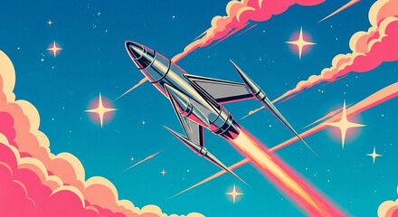 Retro Rocket Ship Blasting Off into a Starry Sky