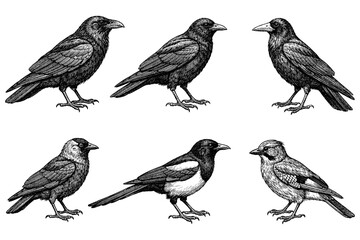 Obraz premium Detailed black and white illustrations of various birds including raven magpie jay