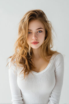 Minimalist Studio Portrait of Young Woman with Natural Beauty and Soft Light