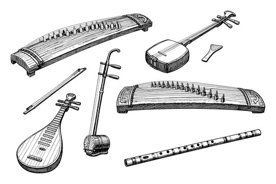 Traditional asian musical instruments: pipa, guzheng, erhu, yangqin, dizi