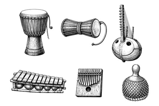 African musical instruments collection featuring djembe, talking drum, kora, balafon, kalimba, shekere