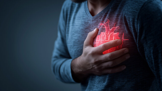 Man Experiencing Chest Pain Holding His Heart, Concept of Heart Attack, Cardiovascular Disease, Medical Emergency, Health Care, Cardiology, Stress and Human Anatomy Illustration