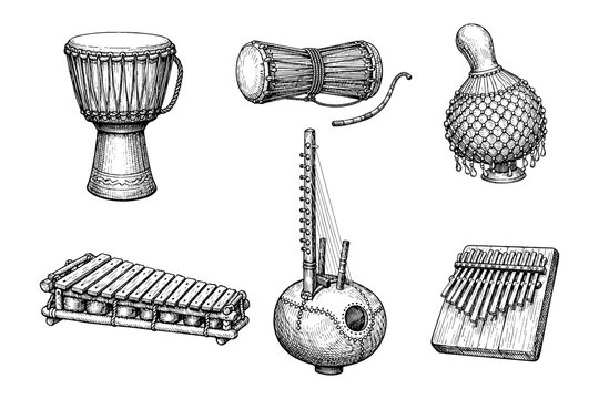 Hand-drawn african musical instruments collection including djembe and balafon