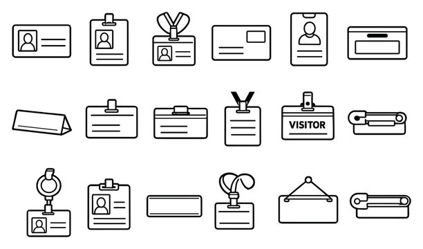 Name Tags for Workplace in outline style: employee badge, office name tag, staff ID, job title label, professional name tag, company logo tag, department label. Vector icons