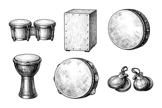 Vintage percussion instruments: bongo, caj&oacute;n, tambourine, djembe, castanets