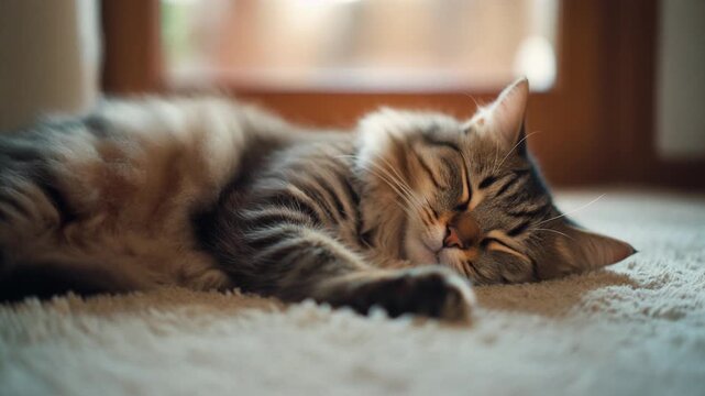 A serene tabby cat lies on a soft, white carpet with its head resting on a paw in a cozy indoor setting