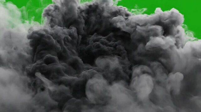 Exploding Dark Smoke Cloud With Thick Particles On Green Screen Background For Cinematic Visual Effects