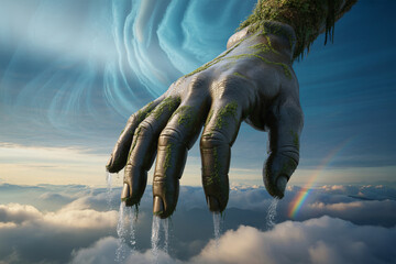 Naklejka premium Majestic hand emerges from clouds with water flowing from fingertips