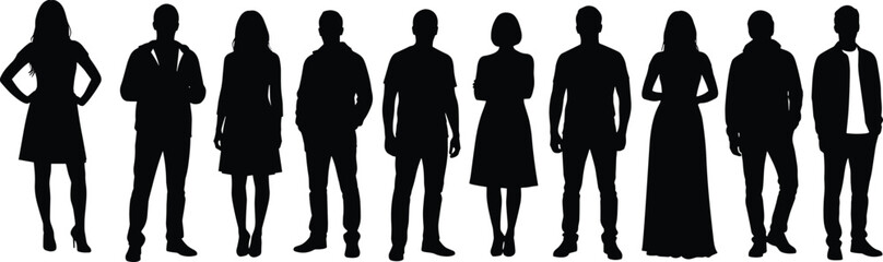 Large collection of diverse people silhouettes standing in various poses, casual men and women group set isolated on white background for graphic design projects.