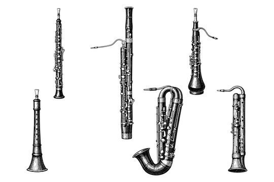 Vintage woodwind instruments &ndash; clarinet, bass clarinet, oboe, contrabassoon, alto clarinet