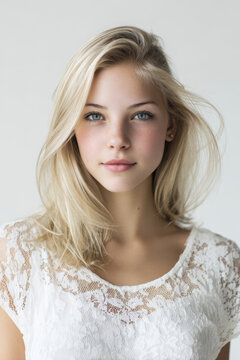 Minimalist Studio Portrait of Young Woman with Natural Beauty and Soft Light
