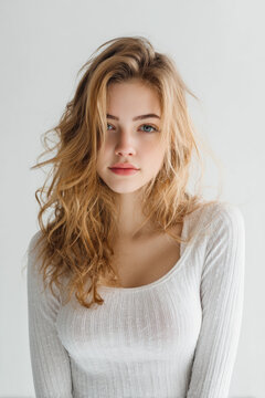 Minimalist Studio Portrait of Young Woman with Natural Beauty and Soft Light