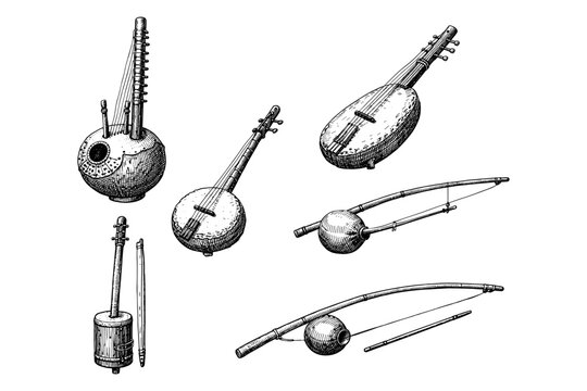 Collection of vintage string instruments: kora, pipa, ngoni, berimbau, gudok, banjo