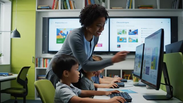 Elementary School Students Learning Computer Skills - An African American teacher is shown instructing a class of elementary students on computer skills at their desks.