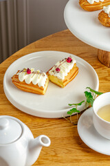 dessert and coffee on the table in the coffee shop