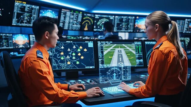 Air Traffic Controllers at Work - Two air traffic controllers, an Asian man and a Caucasian woman, are working at their stations, monitoring flight information on their monitors.