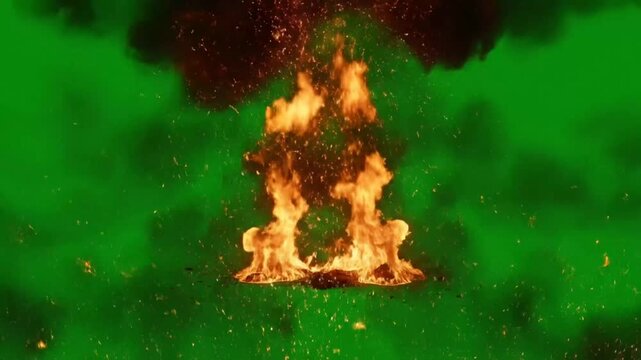Fiery Explosion With Rising Flames And Burning Particles On Green Screen Background For Visual Effects
