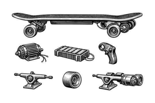 Vintage-style electric skateboard parts illustration