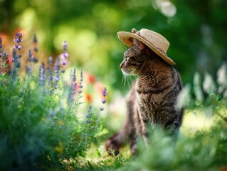 Obraz premium a cute cat with a sun hat exploring a colorful garden exuding a lively and curious demeanor against a lush green background indoors