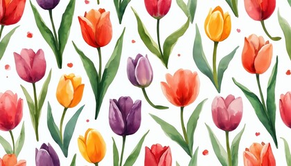 Obraz premium Watercolor pattern with colorful tulips and green stems. Art Nouveau style flowers repeat across white background. Fresh springtime floral repeat.
