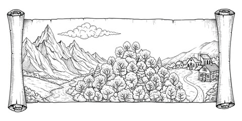 Detailed landscape illustration on unrolled parchment scroll with mountains forest and village