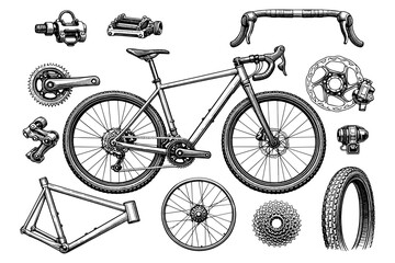 Naklejka na ściany i meble Detailed black and white bicycle illustration with parts and accessories