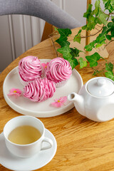 dessert and coffee on the table in the coffee shop