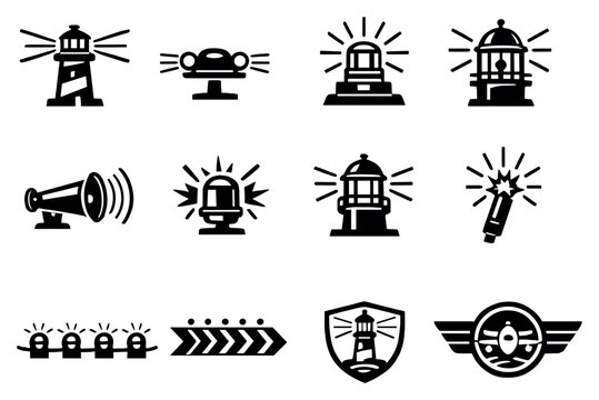 Marine and aviation warning beacons in outline style: lighthouse beacon, airport runway light, helipad beacon, ship navigation warning light, fog signal icon. Vector icons