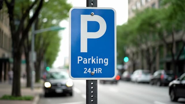 Parking Sign on City Street - This video shows a blue and white parking sign with the letter "P" and the words "Parking 24.HR" affixed to a black metal post on a city street.