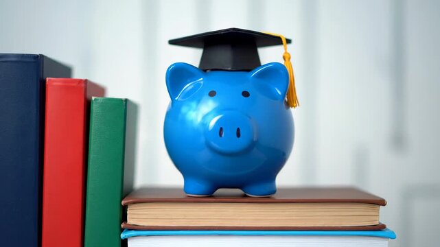 Education Savings Concept - A blue piggy bank wearing a graduation cap sits atop a stack of books. Several other books in various colors are lined up beside the stack.