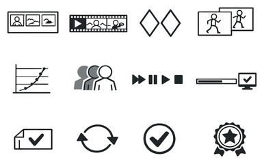 Fototapeta premium Animation workflow and production process vector icons in outline style: storyboard frames, animatic strip, keyframe diamonds, in between frames, timing chart. Vector icons