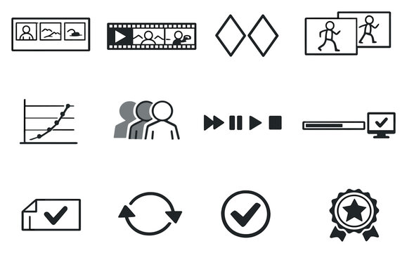 Animation workflow and production process vector icons in outline style: storyboard frames, animatic strip, keyframe diamonds, in between frames, timing chart. Vector icons