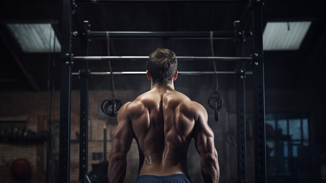 Muscular male athlete back workout in gym, strength and power concept