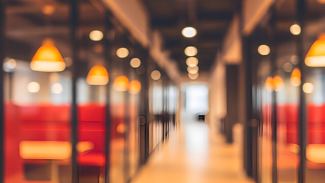 Modern office corridor with red cubicles in soft focus with warm lighting for corporate background