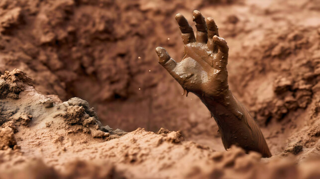 Human hand reaching out of mud pit, buried alive concept, quicksand danger, struggle for life, dirty earth excavation, disaster.