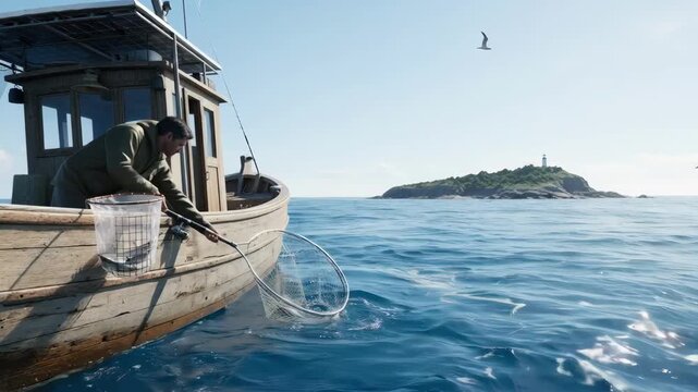 Medium shot of a fisherman using selective gear to catch fish while minimizing bycatch promoting sustainable harvesting and protecting marine biodiversity.
