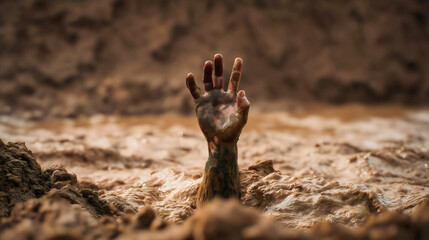 Obraz premium Muddy hand reaching out for help, quicksand drowning concept, survival struggle, dirty skin texture, cinematic lighting with droplets.