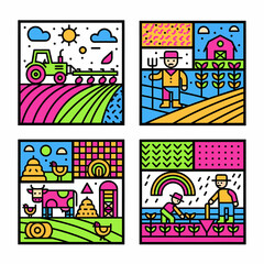 Fototapeta premium Farming and Agriculture Icons Set: Tractor, Farmer, Animals, Crops, Rainbow
