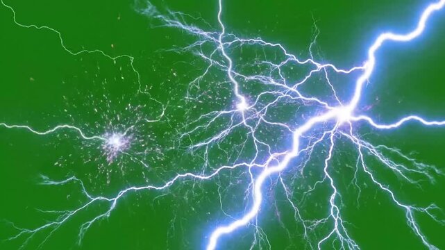 Electric Lightning Strike With Powerful Energy Bolts On Green Screen Background For Visual Effects
